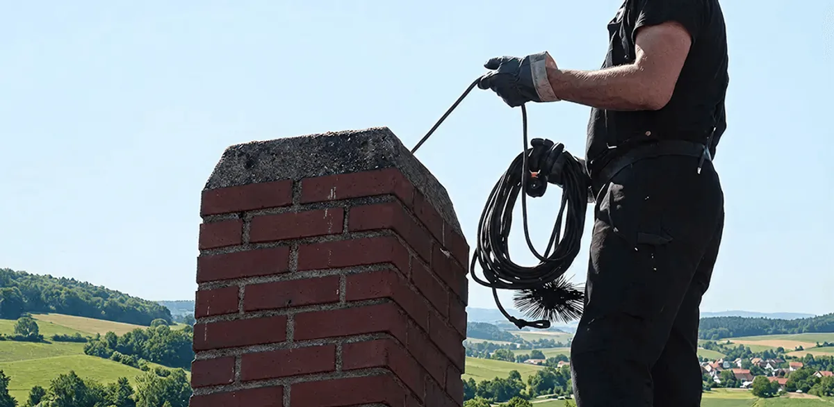 Chimney sweep inspecting and cleaning a rooftop chimney in Indianapolis, IN