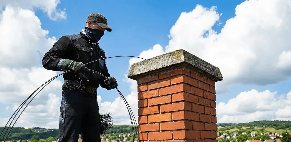 Chimney sweep cleaning a brick chimney with professional tools in Indianapolis, IN