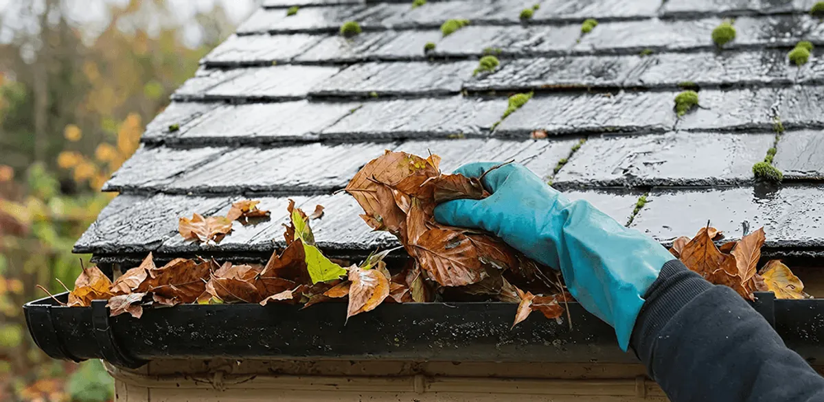 Gutter cleaning technician clearing wet leaves from roof gutters in Indianapolis, IN