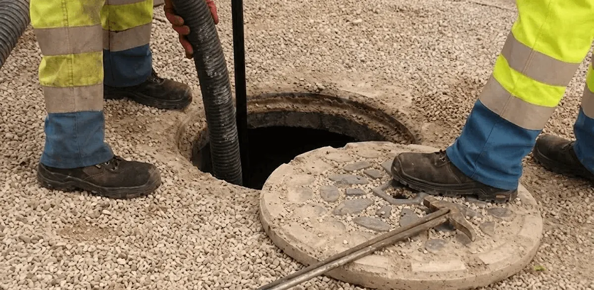 Drain cleaning crew clearing a sewer access point with professional equipment in Indianapolis, IN
